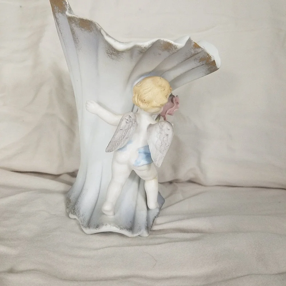 Vintage Cherub Figural Vase Japan White Pink Good Gold Trim Porcelain Angel Rose